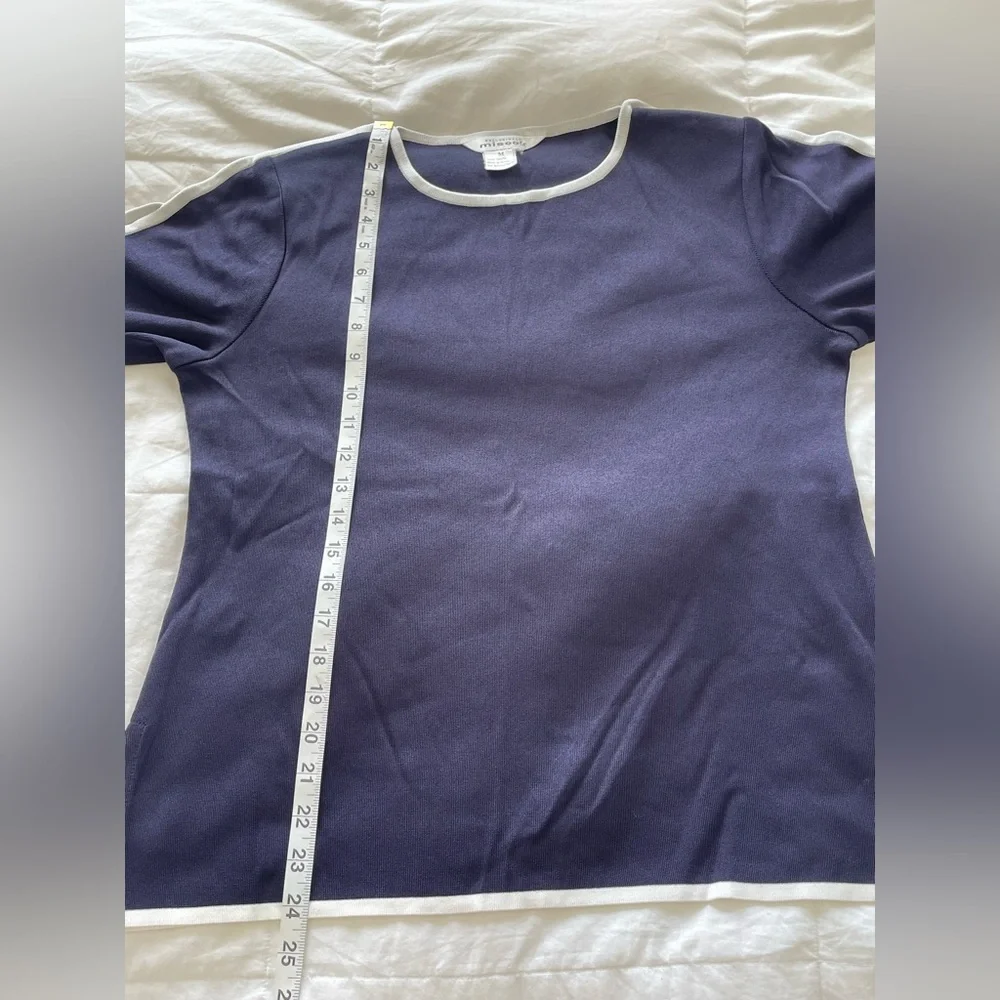 Misook Navy Blue White Trim Short Sleeve Knit Blouse Top | M - Picture 8 of 10